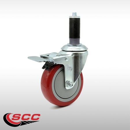 4 Inch SS Red Poly Swivel 1-1/8 Inch Expanding Stem Caster Total Lock Brake SCC